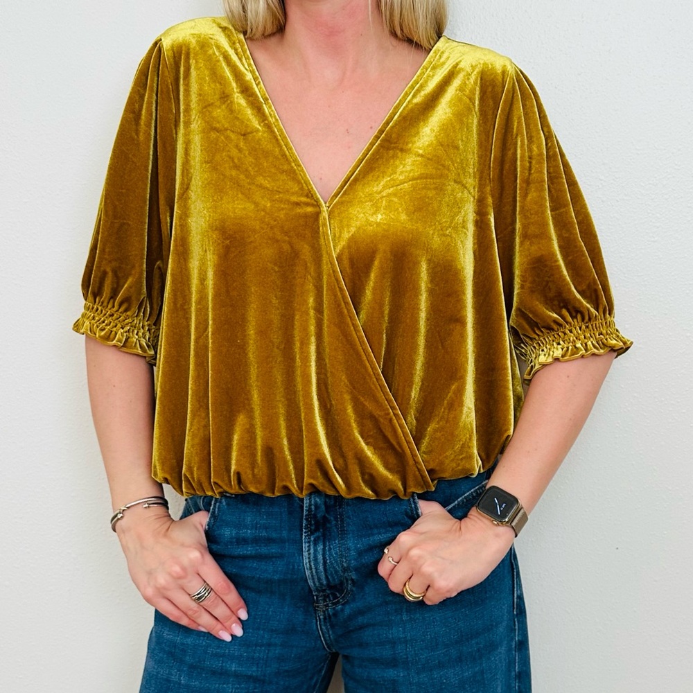 New Madewell Velvet Smocked Crossover Golden Boho Blouse Top Mustard Gold - Picture 3 of 11